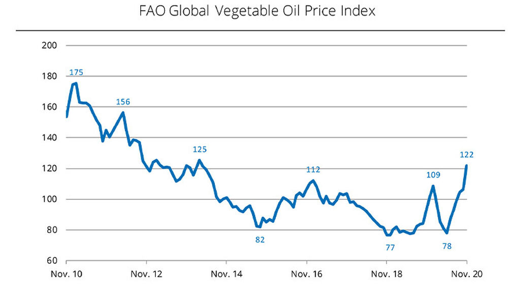 FAO vegetable oil price index hits multi-year high