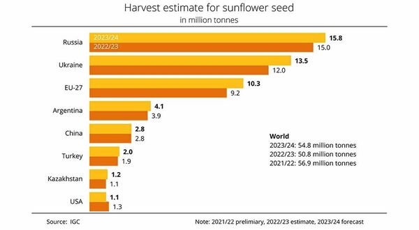 International Grains Council forecasts global sunflowerseed crop to reach 54.8M tonnes in 2023/24