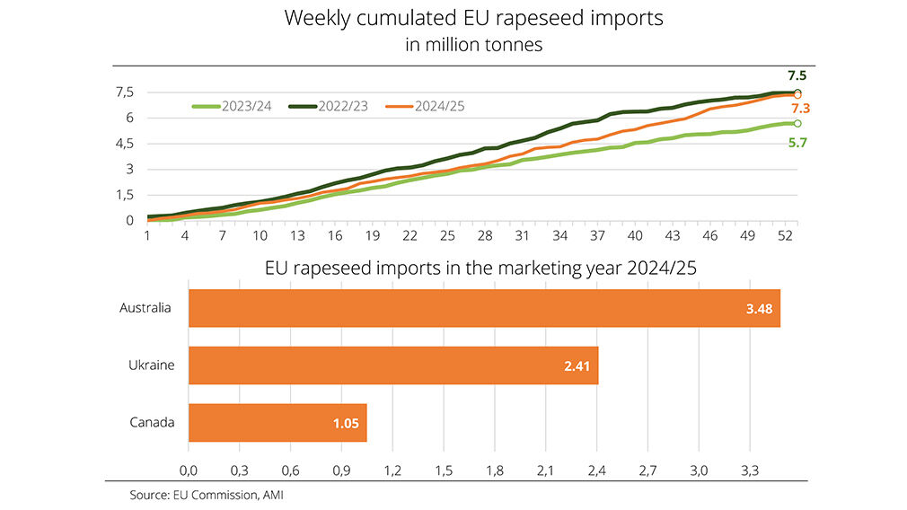 Australia has maintained its position as the European Union’s leading rapeseed supplier in 2024/25.  Chart source: EU Commission/AMI